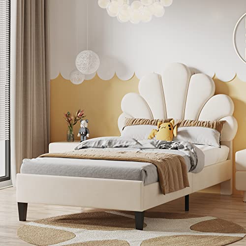 RIAZOS Polsterbett Einzelbett 90 x 200 cm, Bettgestell mit Lattenrost und Verstellbares Kopfteil, Samtstoff, Blumenform Kopfteil, Jugendbett Mädchenbett, Beige, ohne Matratze von RIAZOS