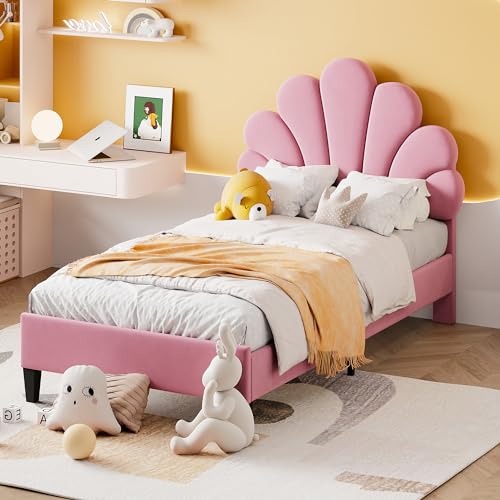Polsterbett Einzelbett 90 x 200 cm, Bettgestell mit Lattenrost und Verstellbares Kopfteil, Samtstoff, Blumenform Kopfteil, Jugendbett Mädchenbett, Rosa, ohne Matratze von RIAZOS
