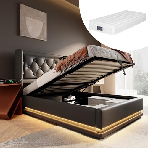 RIAZOS Polsterbett Einzelbett 90x200 cm, PU Hydraulisches Stauraumbett, gepolstertes Kopfteil mit USB Typ-C Ladefunktion, LED Betten Bettgestell, Jugendbett, mit Matratze, Schwarz von RIAZOS