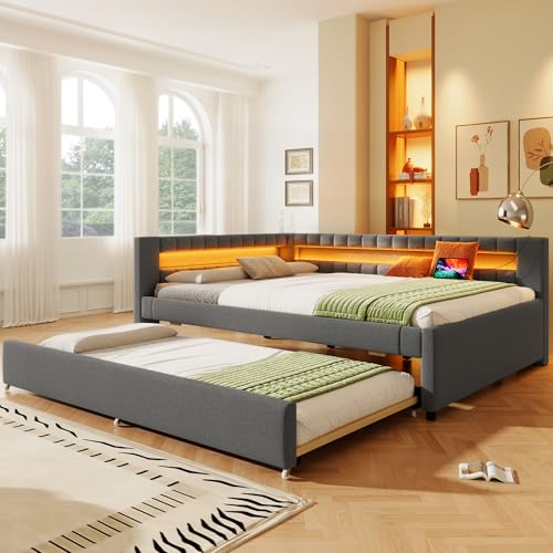 RIAZOS Polsterbett Schlafsofa 140x200, Daybett Tagesbett mit Ausziehbett, Doppelbett mit LED USB Typ C Ladefunktion, Kinderbett Jugendbett Gästebett, Leinen, Grau, ohne Matratze RIAZOS Polsterbett Schlafsofa 140x200, Daybett Tagesbett mit Ausziehbett, Doppelbett mit LED USB Typ C Ladefunktion, Kinderbett Jugendbett Gästebett, Leinen, Grau, ohne Matratze von RIAZOS