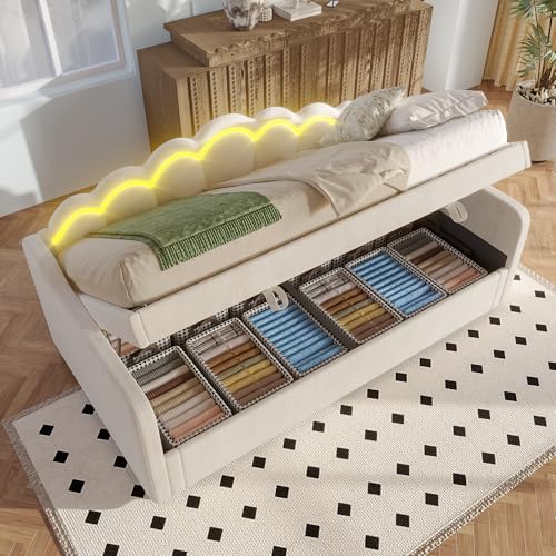 RIAZOS Polsterbett Schlafsofa 90x200 cm, Einzelbett mit LED Rückenlehne, Multifunktionsbett mit Hydraulisch Stauraum, Tagesbett Gästebett Jugendbett mit Lattenrost, Samt, Beige, Ohne Matratze RIAZOS Polsterbett Schlafsofa 90x200 cm, Einzelbett mit LED Rückenlehne, Multifunktionsbett mit Hydraulisch Stauraum, Tagesbett Gästebett Jugendbett mit Lattenrost, Samt, Beige, Ohne Matratze von RIAZOS