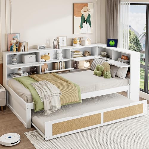 RIAZOS Schlafsofa Holzbett 90x200 cm, Einzelbett mit 90x190 Ausziehbett, Rückenlehne mit USB, L-förmiges Bettgestell mit Staufach, Multifunktionsbett Jugendbett, Weiß, ohne Matratze RIAZOS Schlafsofa Holzbett 90x200 cm, Einzelbett mit 90x190 Ausziehbett, Rückenlehne mit USB, L-förmiges Bettgestell mit Staufach, Multifunktionsbett Jugendbett, Weiß, ohne Matratze von RIAZOS