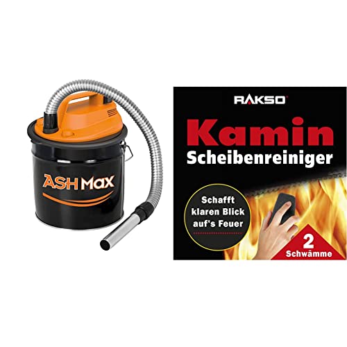 RIBIMEX PRCEN015, ASHMax Aschesauger, 1000 W, 18 L, Orange und Schwarz & RAKSO Glas-Reiniger für Kamin-Scheiben Ofenglasreiniger Schwamm Kaminreiniger Kamin-Ofen und Kaminscheibenreiniger 2 St von RIBIMEX