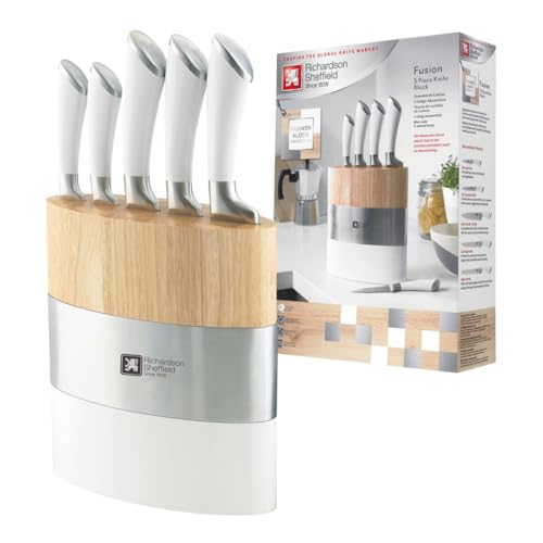 Richardson Sheffield FUSION Messerblock, Holz, inkl. 5-teiliges Messer-Set, Küchenmesser, Allzweckmesser, Kochmesser, Fleischmesser & Brotmesser, ergnomomischer Griff, edles Design, Weiß/Braun von RICHARDSON SHEFFIELD