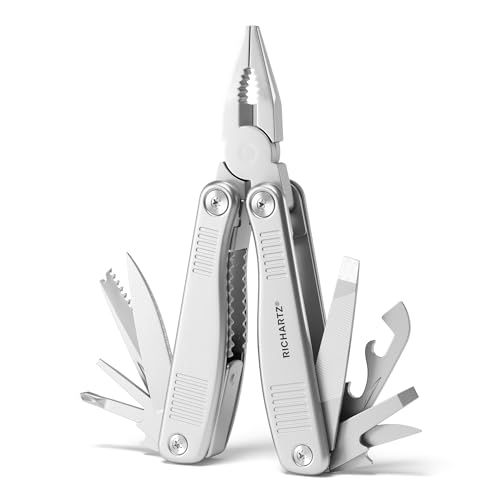 RICHARTZ TERRA Tool | 12 Funktionen | Multitool mit Safety-Lock Verriegelung | Edelstahlgriffe mit geprägter Oberfläche | Sicher arretierbares Multitool Werkzeug inkl. Gürteltasche von RICHARTZ
