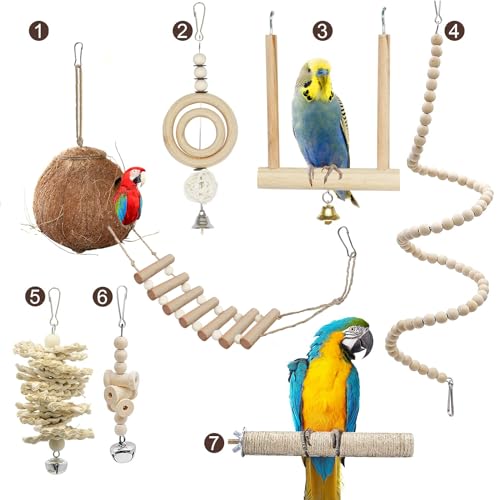 RICHDMI 7 Stück Papageienspielzeug, Vogelspielzeug, Wellensittich Spielzeug, Kokosnuss Vögel Käfig mit Leiter, Schaukelspielzeug Aus, Sitzstange und Kauspielzeug, für Kakadus Wellensittich Spielzeug RICHDMI 7 Stück Papageienspielzeug, Vogelspielzeug, Wellensittich Spielzeug, Kokosnuss Vögel Käfig mit Leiter, Schaukelspielzeug Aus, Sitzstange und Kauspielzeug, für Kakadus Wellensittich Spielzeug von RICHDMI