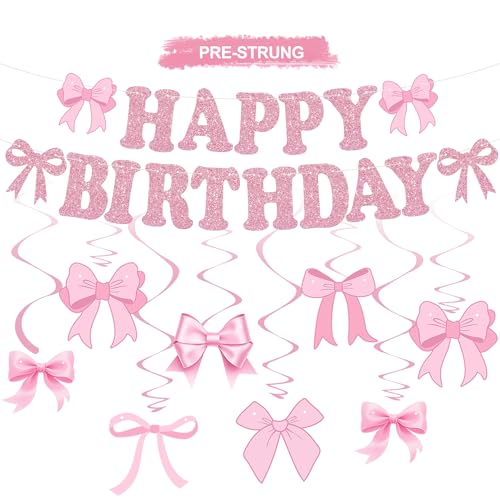 RICHHHA Glitzernde rosa Schleife "Happy Birthday" Banner mit Girlande und hängenden Wirbeln vorbespannt Happy Birthday Dekorationen Schleife Thema Party Hintergrund Schild Girlande Kokette Mädchen RICHHHA Glitzernde rosa Schleife "Happy Birthday" Banner mit Girlande und hängenden Wirbeln vorbespannt Happy Birthday Dekorationen Schleife Thema Party Hintergrund Schild Girlande Kokette Mädchen von RICHHHA