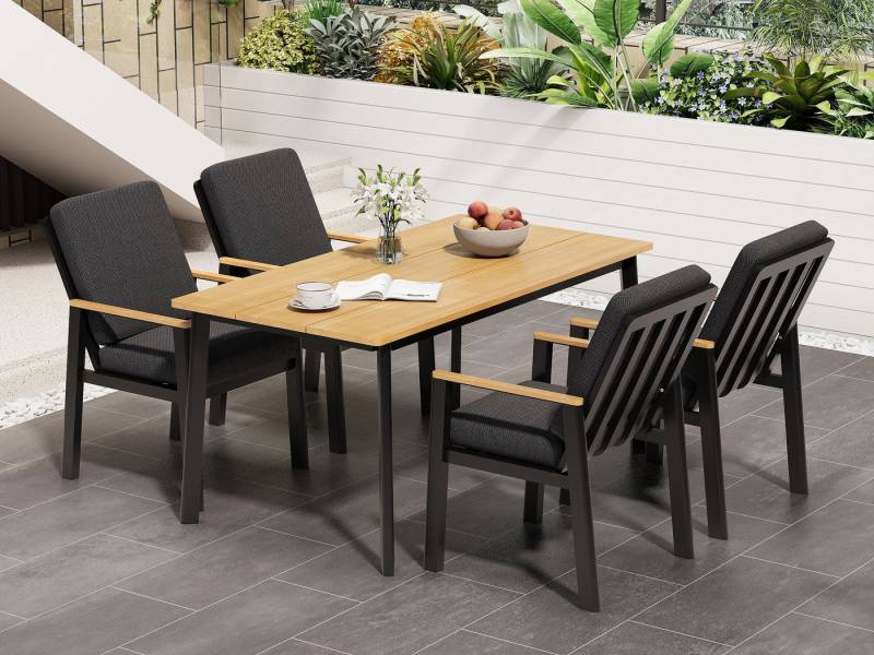 MeXo Gartenlounge-Set Aluminium Essgruppe im Boho-Stil mit Esstisch 150x80 cm, (Gartenmöbel Set, 5-tlg., für 4 Personen), wetterfest & pflegeleicht – Balkon- & Terrassenmöbel von MeXo
