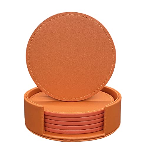 RICHSUM 6 Stück Untersetzer aus weichem Kunstleder, rund, mit umlaufender Naht, geeignet für verschiedene Tassen, Holztische, Heimdekoration, 10 cm (Orange) von RICHSUM