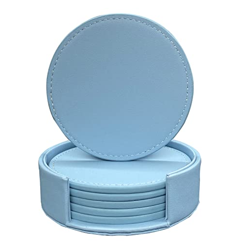 RICHSUM 6er Set Leder-Untersetzer mit Naht - Spritzschutz für Tisch und Schreibtisch - Strapazierfähig, rutschfest - Perfekt für Glas-Kaffeetassen & Becher - 10 cm(Hellblaues Nähen) von RICHSUM