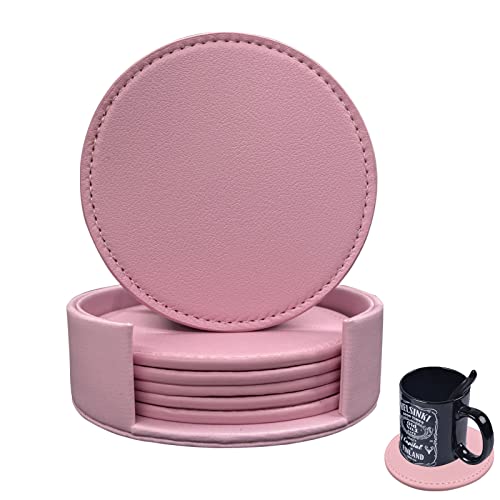 RICHSUM 6er Set Leder-Untersetzer mit Naht - Spritzschutz für Tisch und Schreibtisch - Strapazierfähig, rutschfest - Perfekt für Glas-Kaffeetassen & Becher - 10 cm (Rosa) von RICHSUM