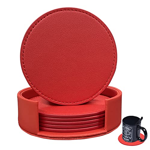 RICHSUM Untersetzer aus weichem Kunstleder, rund, mit Nähten, geeignet für verschiedene Tassen, Holztische, Heimdekoration, 10 cm (rot) von RICHSUM