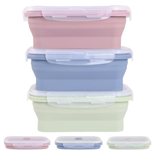 Faltbare Brotdose Frischhaltedosen mit Deckel: Faltbare Schüssel Silikon Faltbare Frischhalteboxen - Faltbare Lunchbox Faltbare Tupperdose Camping Zubehör für Kühlschrank Mikrowelle, 550ml, 3 Stück von RICKMASK