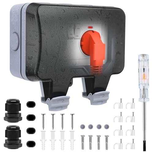 Aussensteckdose Wasserdicht IP66 2 Fach Outdoor Steckdose Außensteckdose mit Schalter Kontrollleuchte, Wandsteckdose Feuchtraum Aufputz Gartensteckdose Staubdicht Wetterfest mit Klappdeckel von RICOKEY