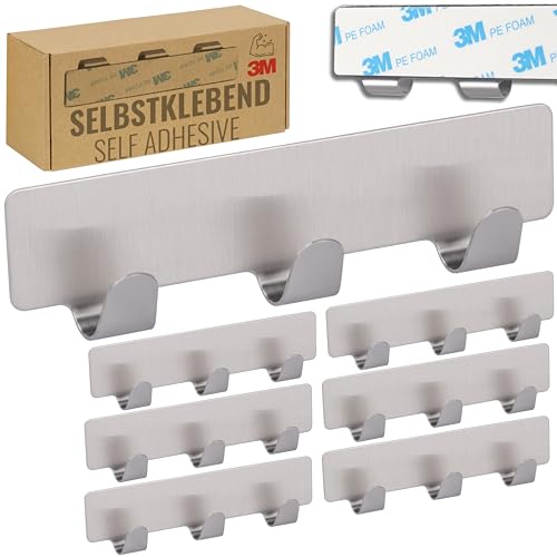 RICOO 7 x Hakenleiste Küche mit 3 Edelstahl Haken selbstklebend MH020-7 Handtuchhaken ohne Bohren Klebehaken Badezimmer Kleiderhaken zum Kleben Badhaken Badezimmerhaken Wandhaken Bad Aufhängehaken von RICOO