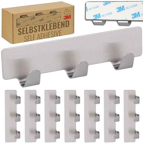 RICOO 8 x Hakenleiste Küche mit 3 Edelstahl Haken selbstklebend MH020-8 Handtuchhaken ohne Bohren Klebehaken Badezimmer Kleiderhaken zum Kleben Badhaken Badezimmerhaken Wandhaken Bad Aufhängehaken von RICOO