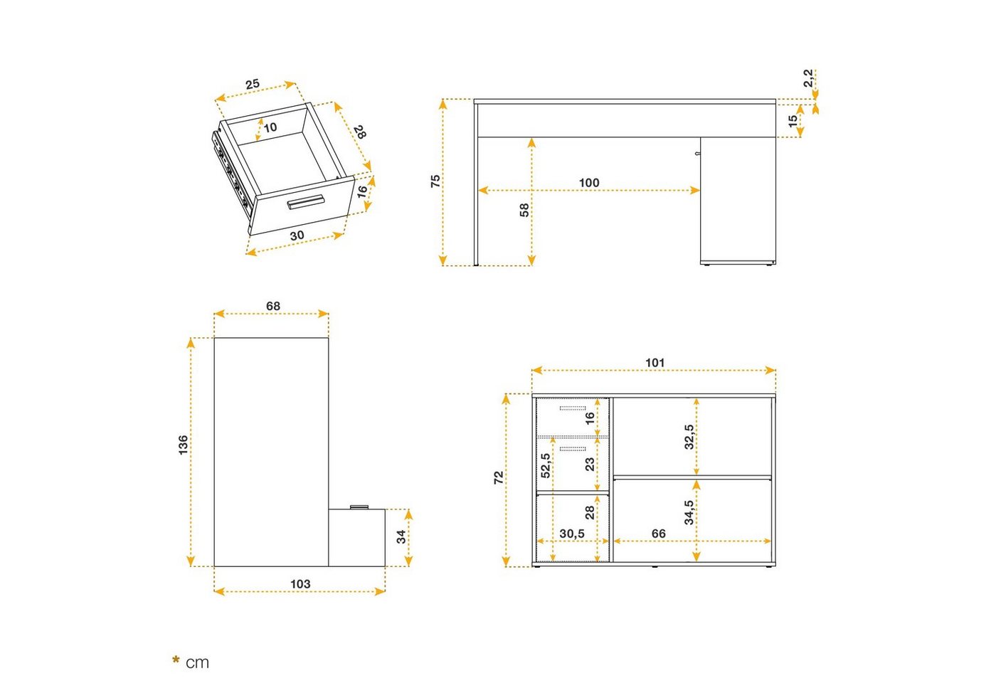 RICOO Eckschreibtisch WM083-WM, Schreibtisch Bürotisch Ecke für Kinder & Erwachsene klein in L Form von RICOO