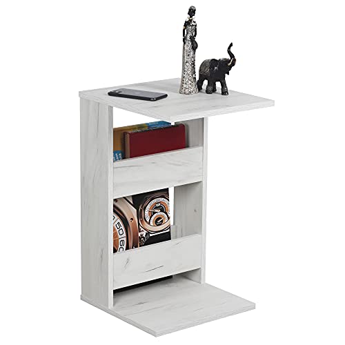 RICOO Kleiner Beistelltisch Holz 35 x 60 x 40 cm WM042-EP Couchtisch mit Stauraum Eiche Weiß Wohnzimmertisch Kleiner Tisch Wohnzimmer Sofatisch Beistelltische C Form Konsolentisch von RICOO