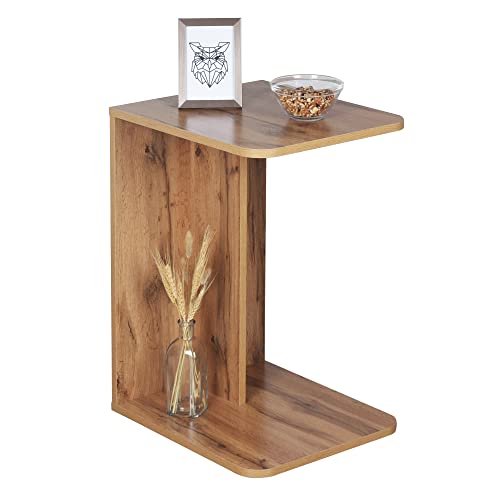 RICOO Kleiner Beistelltisch Holz 39 x 62 x 45 cm Couchtisch klein in Eiche Wotan Braun – WM045-EW, Konsolentisch, Wohnzimmertisch für Couch, Kleiner Tisch, Mini Tisch klein, Sofatisch in C-Form von RICOO
