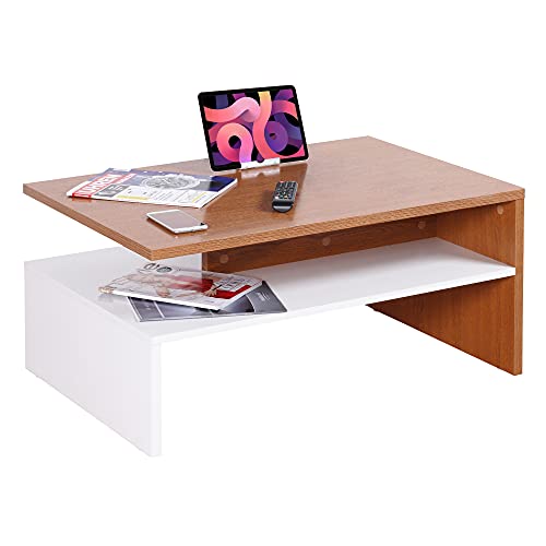 RICOO Kleiner Tisch 90 x 60 x 42 cm Holz Hell Weiß und Eiche Rustikal Braun WM080-W-ER,Fernseher TV Wohnzimmertisch Couchtisch mit Stauraum von RICOO