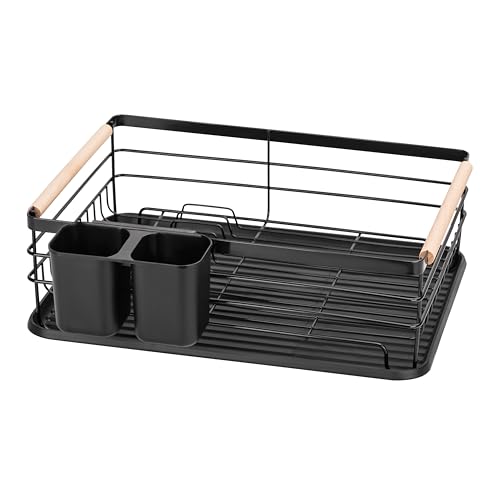 RICOO Kompaktes Abtropfgestell Geschirr, Abtropfgitter mit Tablett und Besteckhalter, Geschirrabtropfgestell KA001 für Küche, Abtropfhalter, Geschirrablage für Spüle, 43 x 30,5 x 14 cm, Schwarz von RICOO