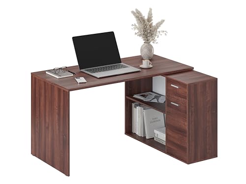 RICOO Eckschreibtisch mit Stauraum WM083-OW L-Förmiger Winkelschreibtisch mit Schubladen Bürotisch L Form Holz 136x101x75 cm modern & platzsparend von RICOO