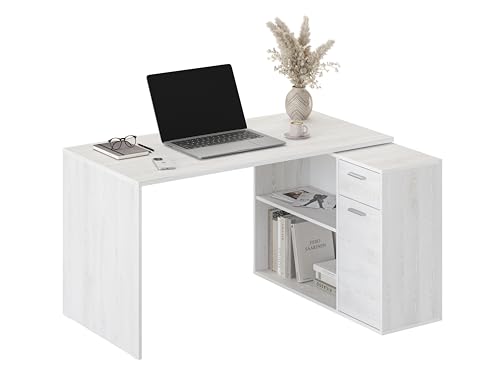 RICOO Eckschreibtisch Winkelschreibtisch Eckig L-Förmiger Schreibtisch - Bürotisch Winkelkombination 83-WK - 136x101x75 cm - Weiße Kiefer Ecktisch L-Form Regal Stauraum Schubladen Büro Arbeitszimmer von RICOO