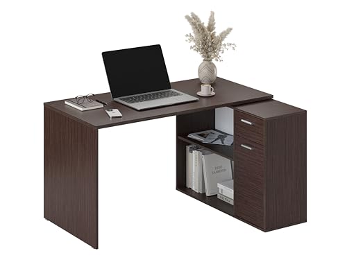 RICOO Eckschreibtisch Winkelschreibtisch Eckig L-Förmiger Schreibtisch - Bürotisch Winkelkombination WM083-FM - 136x101x75 cm - Dunkelbraun Ecktisch L-Form Regal Stauraum Schubladen Büro Arbeitszimmer von RICOO