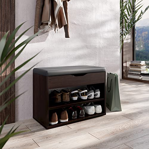 RICOO Schuhbank mit Sitzfläche & Stauraum Aufklappbar 60x42x30cm Dunkelbraun Pressholz, Schuhregal WM032-EB-A Schuhschrank mit Sitzbank Flur Bank Schuhablage Garderobenbank Sitzbänke & Truhen von RICOO