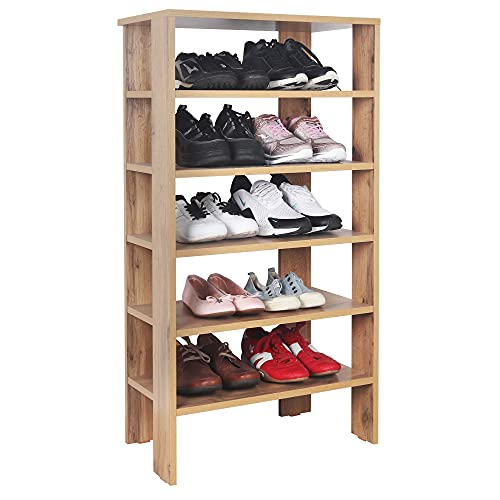 RICOO Schuhregal schmal und hoch 105x55x32cm Standregal Pressholz Eiche Braun WM041-EW, Schuhständer mit 6 Ebenen, Schuhschrank offen, Schuhablagen Flur Shoe Rack, Schuhablage klein, Schuhregale von RICOO