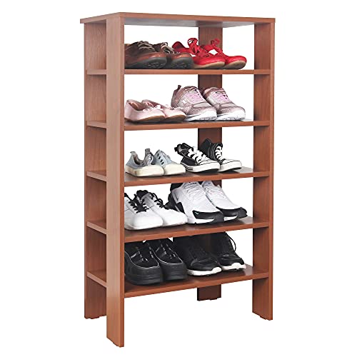 RICOO Schuhregal schmal und hoch 105x55x32cm Standregal Pressholz Eiche Dunkelbraun Rustikal WM041-ER, Schuhständer mit 6 Ebenen, Schuhschrank offen, Schuhablagen Flur Shoe Rack, Schuhablage klein von RICOO