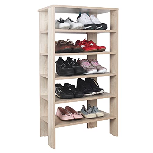 RICOO Schuhregal schmal und hoch 105x55x32cm Standregal Pressholz Eiche Sonoma Braun WM041-ES, Schuhständer mit 6 Ebenen, Schuhschrank offen, Schuhablagen Flur Rack, Schuhablage klein, Schuhregale von RICOO