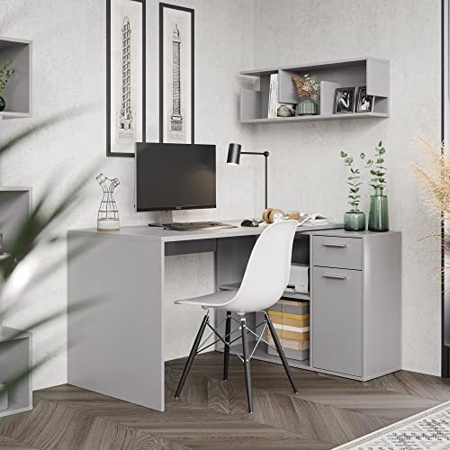 RICOO Eckschreibtisch Winkelschreibtisch Schreibtisch über Eck mit Regal und Schublade 136x101x75 cm Ecktisch L-Form Groß WM083-PL Grau Computertisch PC Gaming Desk Tisch Arbeitstisch Bürotisch von RICOO