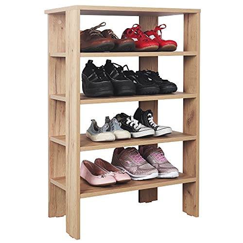 RICOO Schuhregal schmal und hoch 88x60x32cm Standregal Pressholz Eiche Braun WM040-EG, Schuhständer mit 4 Ebenen, Schuhschrank offen, Schuhablagen Flur Shoe Rack, Schuhablage klein, Schuhregale von RICOO