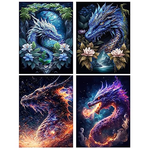 RICUVED 4 Stück Drache Diamond Painting Bilder, 5D Drache Diamant Painting Bilder Erwachsene Tier Diamant Malerei Bilder Set Full Drill Diamond Painting Cross Stickerei Malerei für Heimdekor 30x40cm von RICUVED