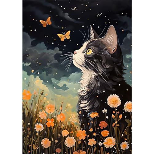 RICUVED Schwarz Katzen Diamond Painting Erwachsene, 5D Katzen Blumen Diamant Painting Bilder Erwachsene, DIY Diamond Painting Bilder Tiere Diamant Malerei Set für Wanddekoration 30x40cm von RICUVED