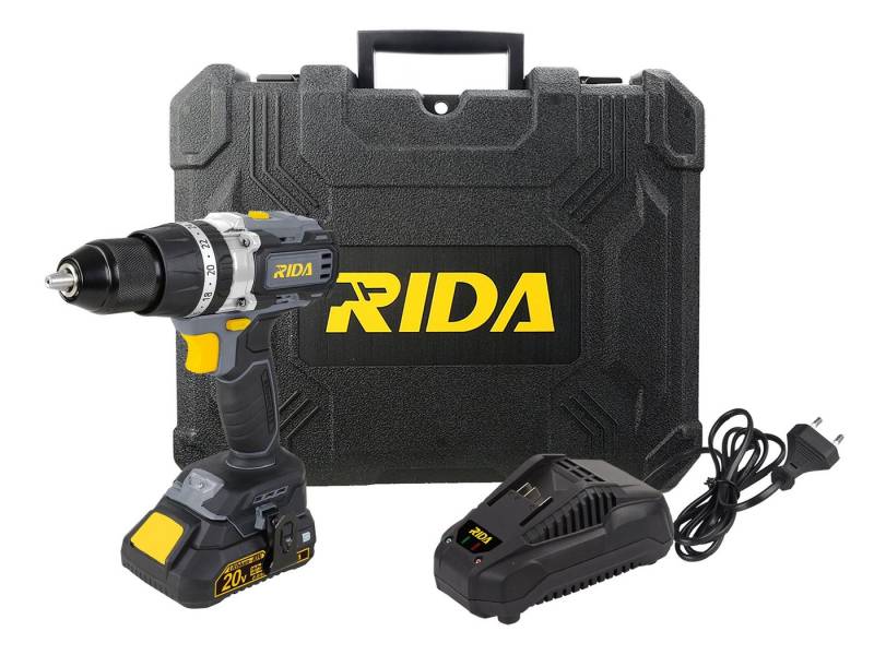 RIDA Akku-Schlagbohrschrauber 20V, 2Ah Akku, Netzteil, Transportbox, Bürstenlos, Bit- & -Bohrerset von RIDA