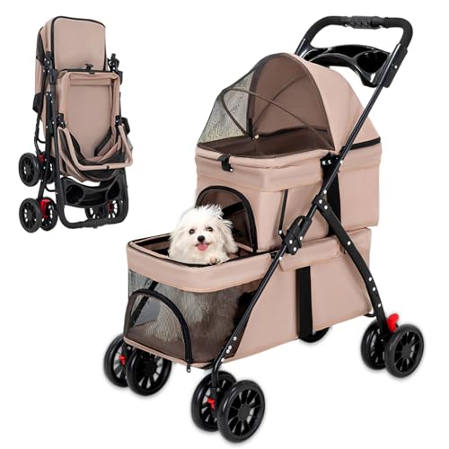 RIDEONMOP Doppelter Haustierwagen für Hunde und Katzen, Haustier-Reisetransportwagen mit feststellbaren Rädern, Stauraum, mit einem Handgriff zusammenklappbar und belüftet,Khaki RIDEONMOP Doppelter Haustierwagen für Hunde und Katzen, Haustier-Reisetransportwagen mit feststellbaren Rädern, Stauraum, mit einem Handgriff zusammenklappbar und belüftet,Khaki von RIDEONMOP