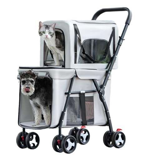 Doppelter Haustierwagen für Hunde und Katzen, schnell zusammenklappbarer Hundewagen mit feststellbaren Rädern, Stauraum, Haustier-Reisetransportwagen,Grau von RIDEONMOP