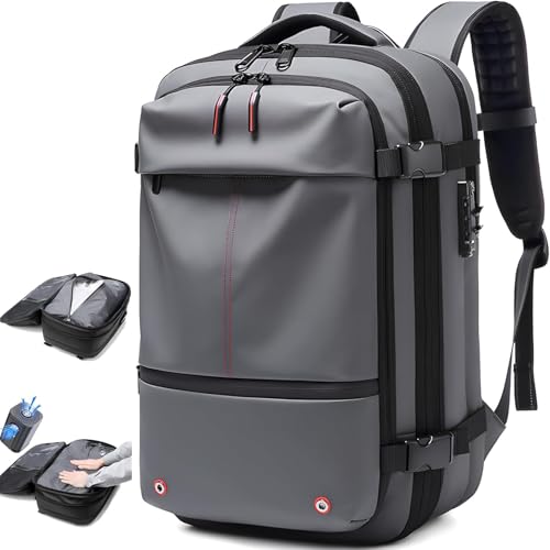 RIDEONMOP Luft-Vakuum-Rucksack für Reisen, 60 l großer Vacpack-Rucksack, erweiterbar mit Pumpe, Diebstahlsicherung, wasserdichter tragbarer Outdoor-Reise-Vakuum-Rucksack,Grau,with Pump von RIDEONMOP