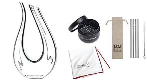 RIEDEL Decanter Vorteilsset, Dekanter, Weindekanter Amadeo Fatto A Mano Black/White/Black Optical + Gratis Reinigungstuch 5010/07, Reinigungsperlen 0010/05 und 4er Set EKM Living Edelstahl Trinkhalme von RIEDEL