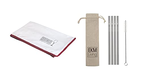 RIEDEL Glastuch 6er Set Micro Weiss mit rotem Rand 5010/07 x 6 + Gratis 4er Set EKM Living Edelstahl Trinkhalme von RIEDEL