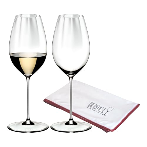 RIEDEL Performance Sauvignon Blanc Weinglas 2er Set, 440 ml, Weißweingläser mit Optik, Kristallglas, inklusive Poliertuch Logo (50 x 64 cm) von RIEDEL