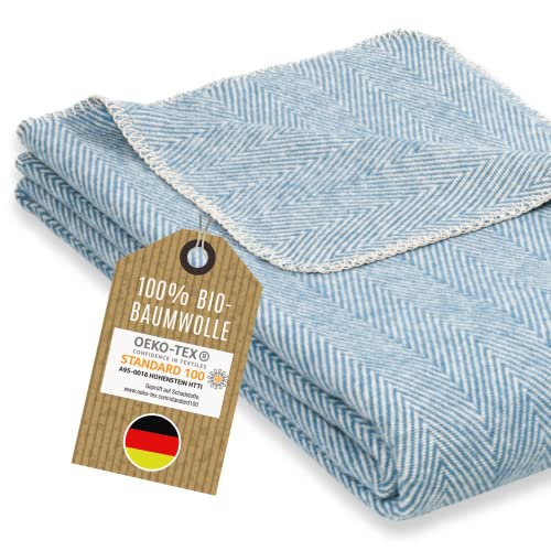 RIEMA® Bio Kuscheldecke Finn mit Oeko-TEX Zertifikat - weiche Baumwolldecke mit Fischgrätmuster – kuschelige Wolldecke aus Baumwolle Made in Germany – 140x200 cm (himmelblau) von RIEMA