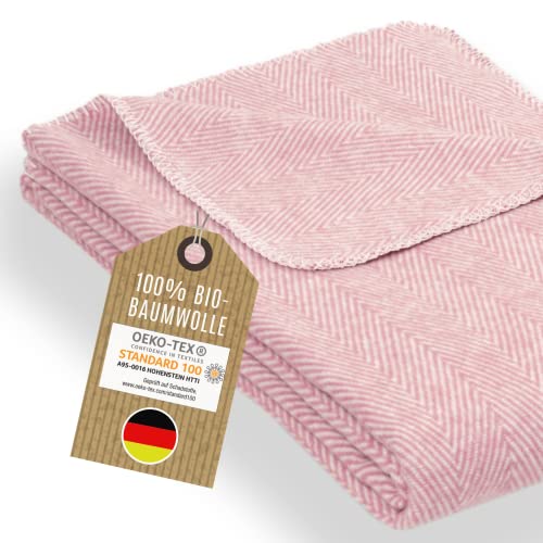 RIEMA® leichte Wohndecke Finn - rosa Plaid aus 100% Bio-Baumwolle - Bio Tagesdecke Made in Germany - Wolldecke 140x200cm von RIEMA