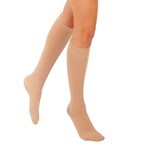 RIEMTEX Medizinisch abgestufte Kompressionsstrümpfe Klasse 2 CCL2 geschlossene Spitze Waden Strümpfe Thrombosestrümpfe Damen u Herren Schwarz o. Beige (Größe 4, Beige) von RIEMTEX