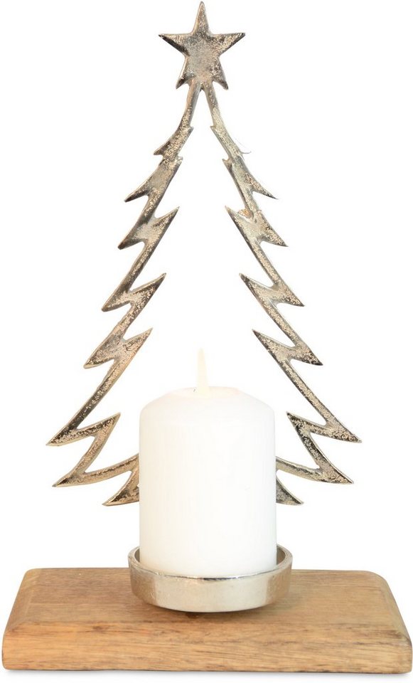 RIFFELMACHER & WEINBERGER Kerzenhalter Weihnachtsdeko (1 St), Höhe ca. 32 cm, Baumsilhouette aus Metall auf Holzsockel von RIFFELMACHER & WEINBERGER