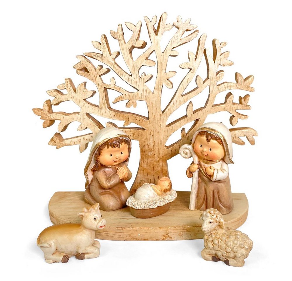 RIFFELMACHER & WEINBERGER Krippe Kinderkrippe mit Baum aus Polyresin 78561, 12 x 10 cm - Weihnachtskrippe Holzoptik Natur (6-tlg) von RIFFELMACHER & WEINBERGER