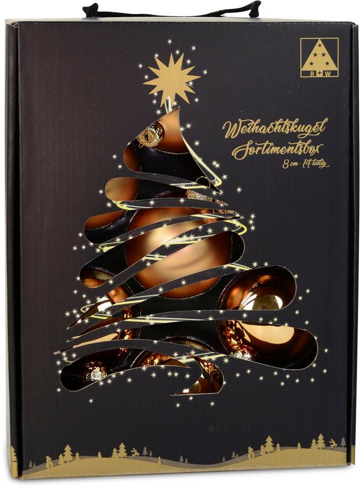 RIFFELMACHER & WEINBERGER Weihnachtsbaumkugel Weihnachtsdeko, Christbaumschmuck, Christbaumkugeln Glas, goldfarben (14 St), Ø ca. 8 cm, aus Glas, mit praktischer Aufbewahrungsbox von RIFFELMACHER & WEINBERGER