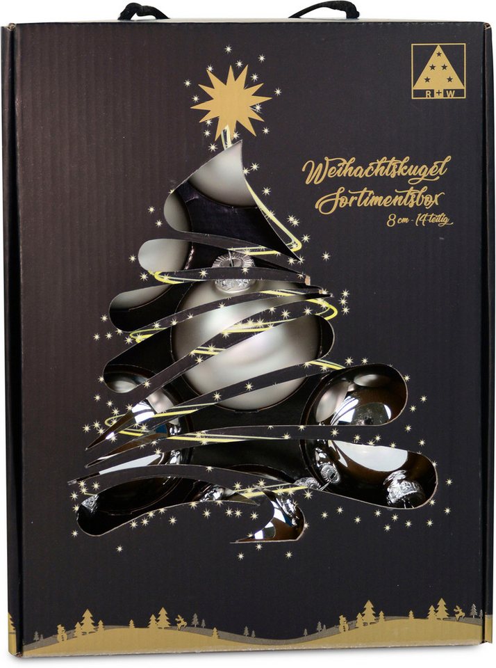 RIFFELMACHER & WEINBERGER Weihnachtsbaumkugel Weihnachtsdeko, Christbaumschmuck, Christbaumkugeln Glas, silberfarben (14 St), Ø ca. 8 cm, aus Glas, mit praktischer Aufbewahrungsbox von RIFFELMACHER & WEINBERGER